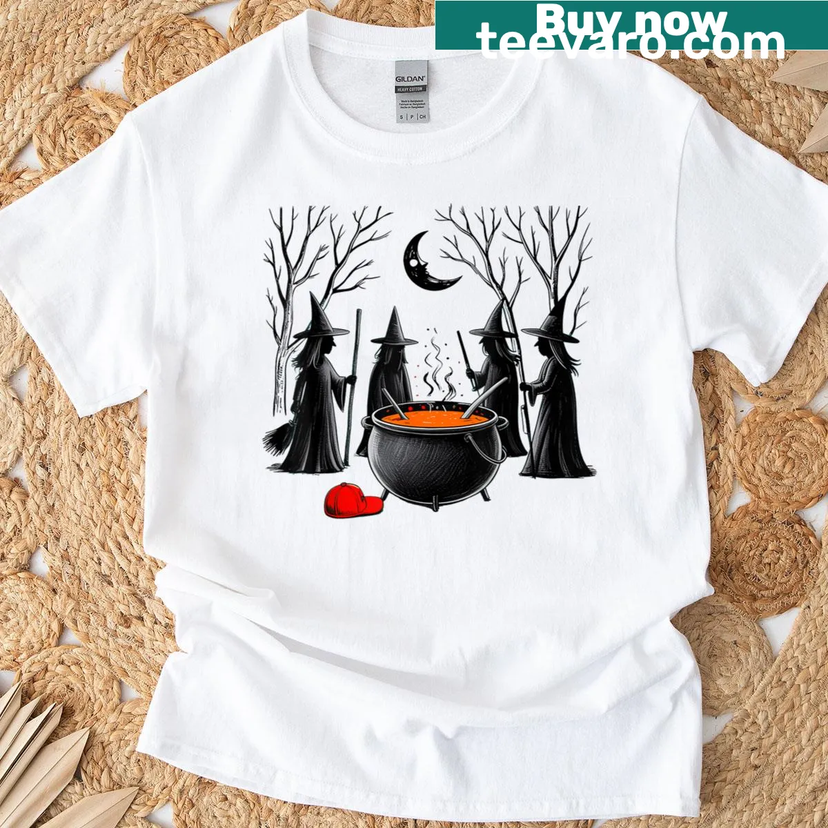 Whimsical witch graphic Halloween T-shirt design — on a men's t-shirt