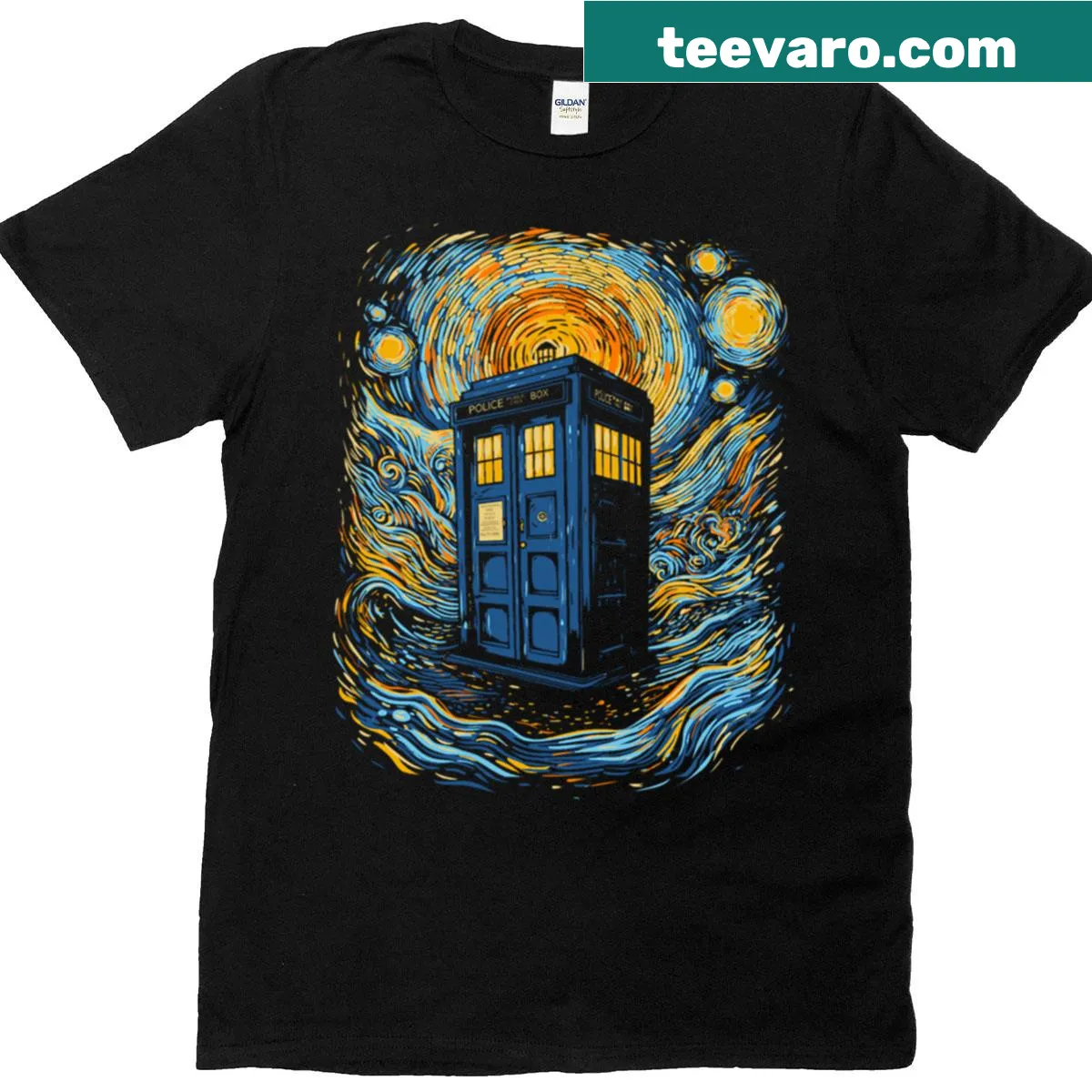 Artistic T-shirt featuring a starry blue box graphic — on a men's t-shirt