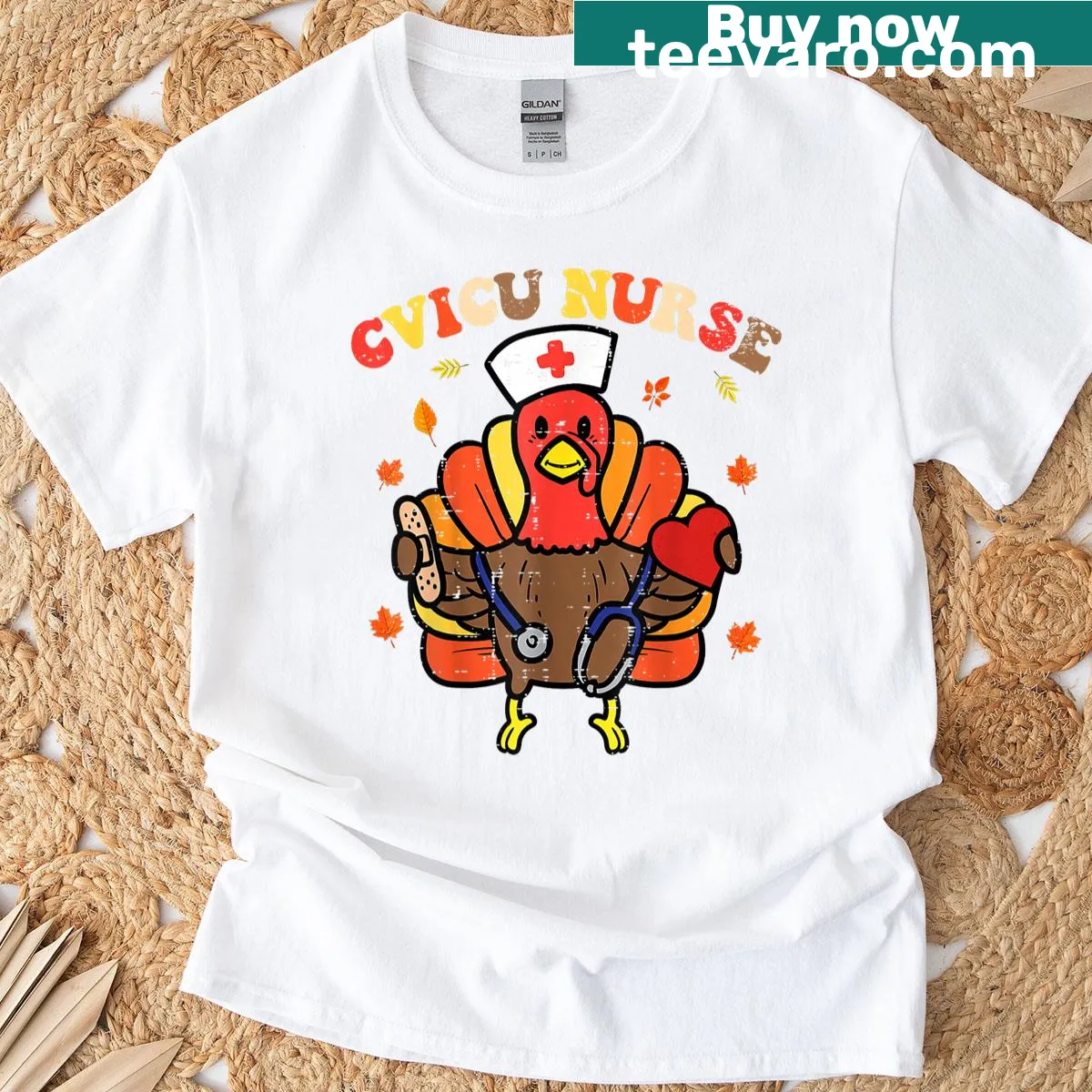 Illustrative T-shirt showcasing a stethoscope and autumn leaves — on a men's t-shirt