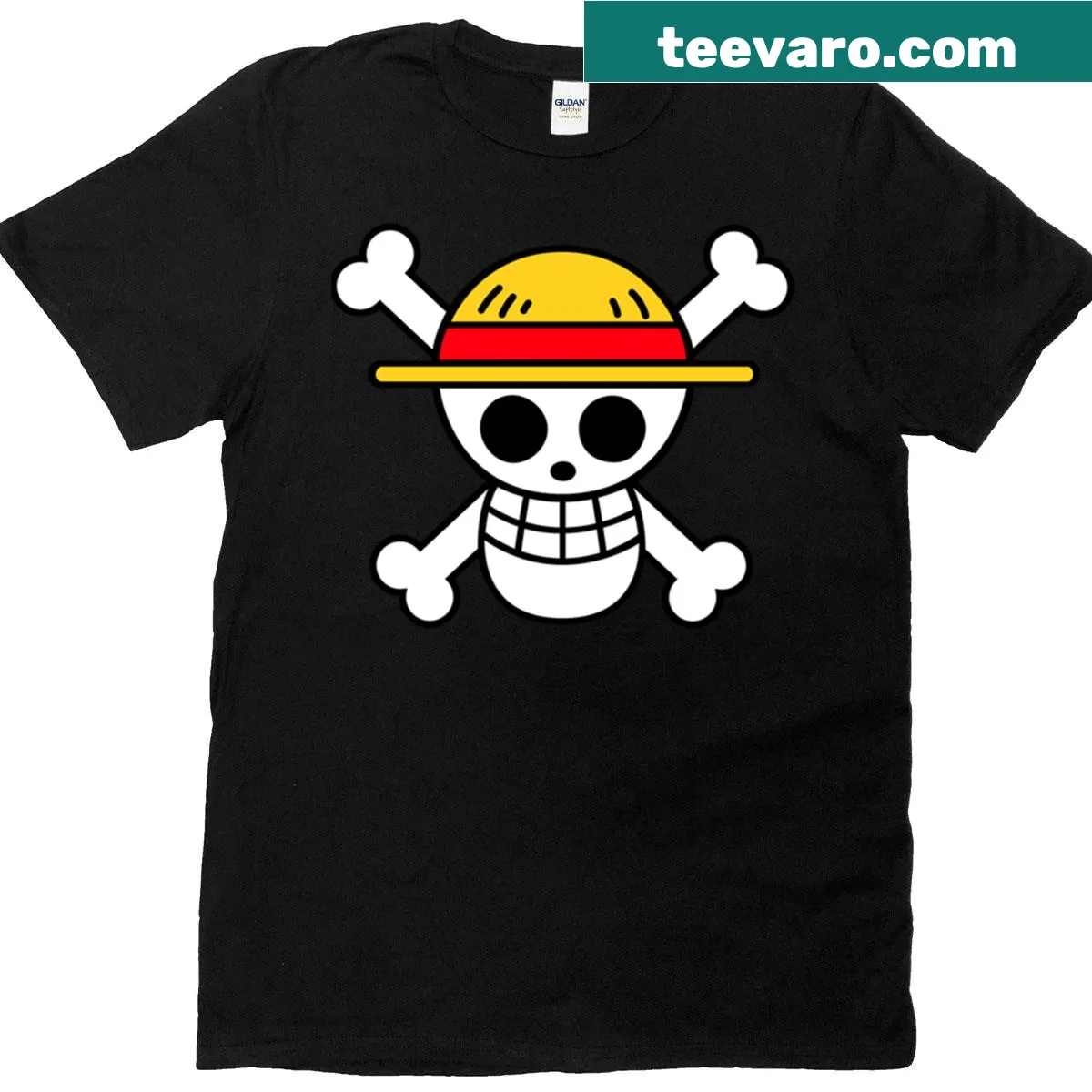 Jolly Roger skull with straw hat design on a T-shirt — on a men's t-shirt