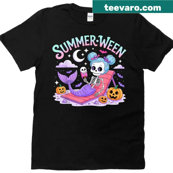 Funny skeleton graphic for 'Summerween' on a T-shirt
