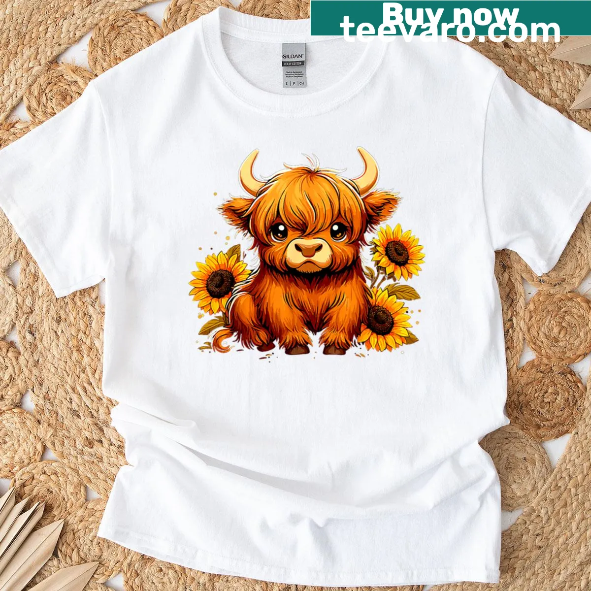 Illustrated T-shirt featuring a Highland cow and sunflowers — on a men's t-shirt