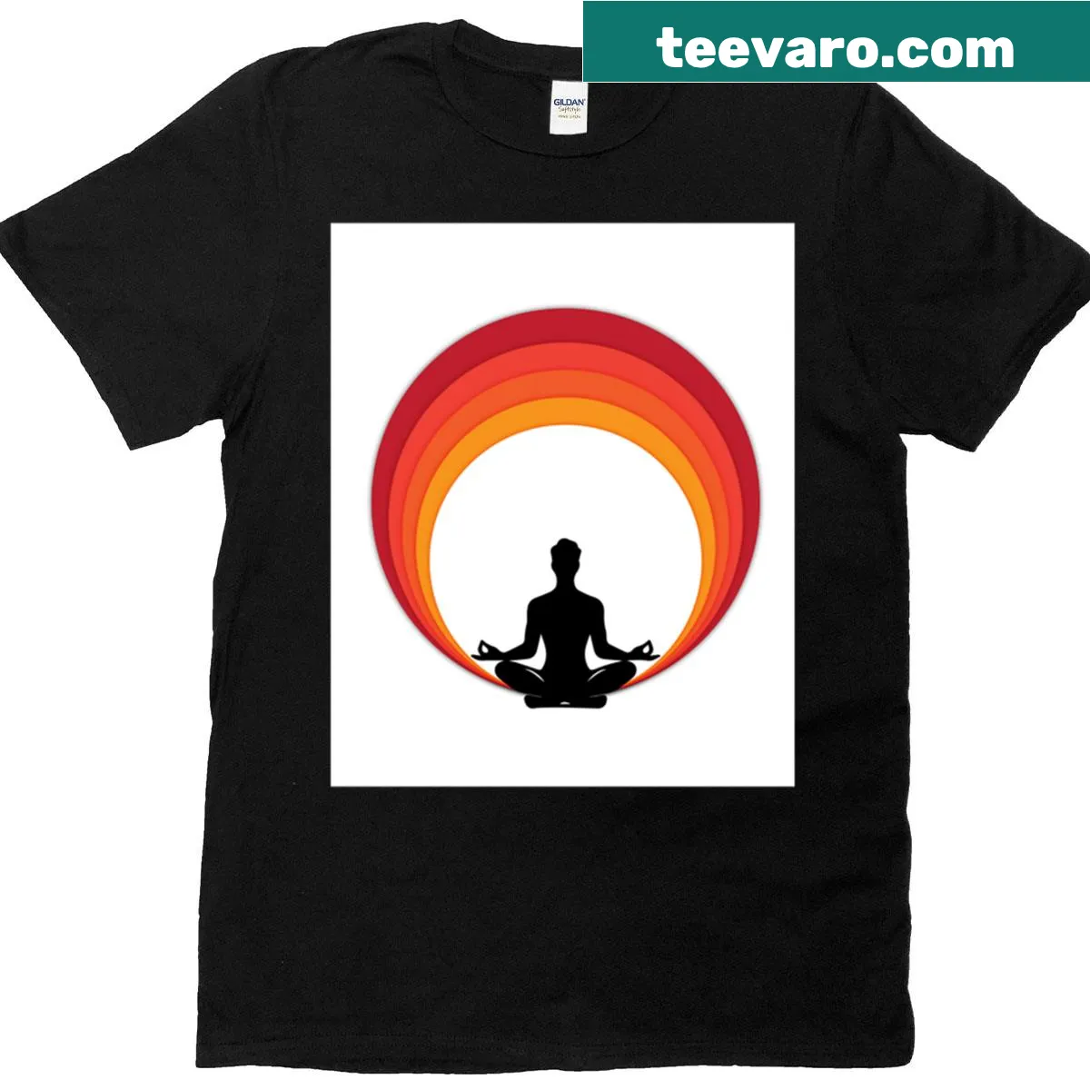 Silhouette of a person meditating against a sunset — on a men's t-shirt