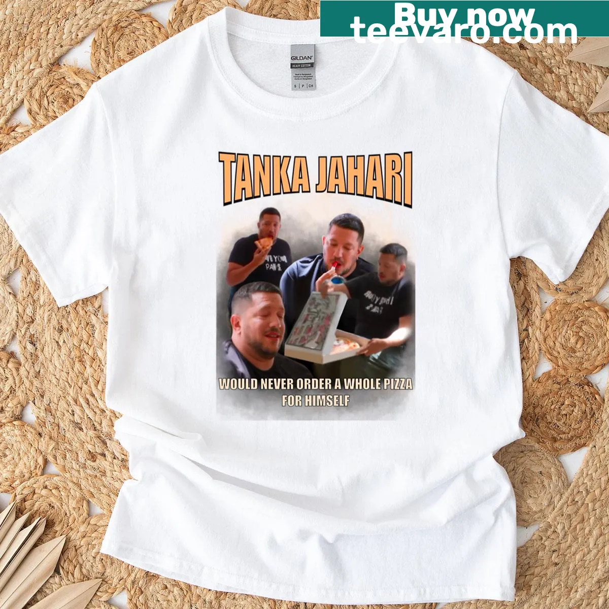 Playful Tanka Jahari Would Never shirt with humorous text — on a men's t-shirt