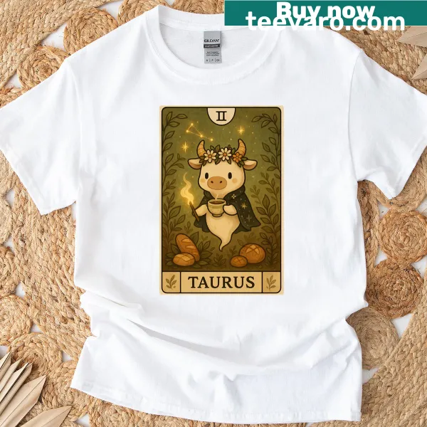 Illustration of a Taurus bull surrounded by zodiac symbols on a cozy T-shirt