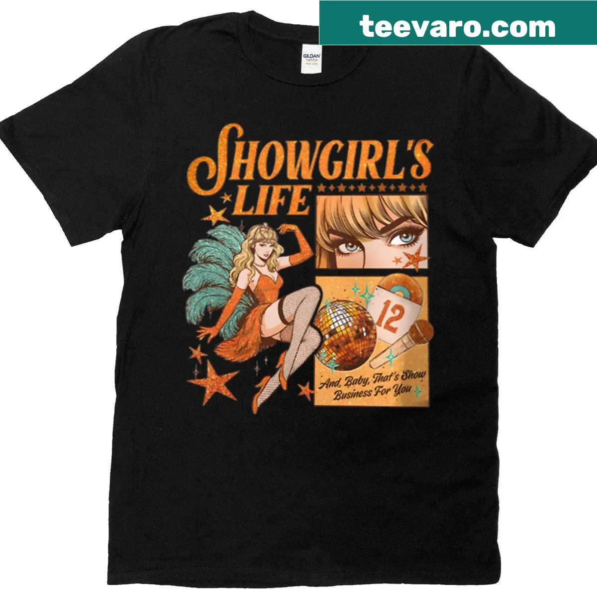 Vintage comic layout T-shirt celebrating showgirls — on a men's t-shirt