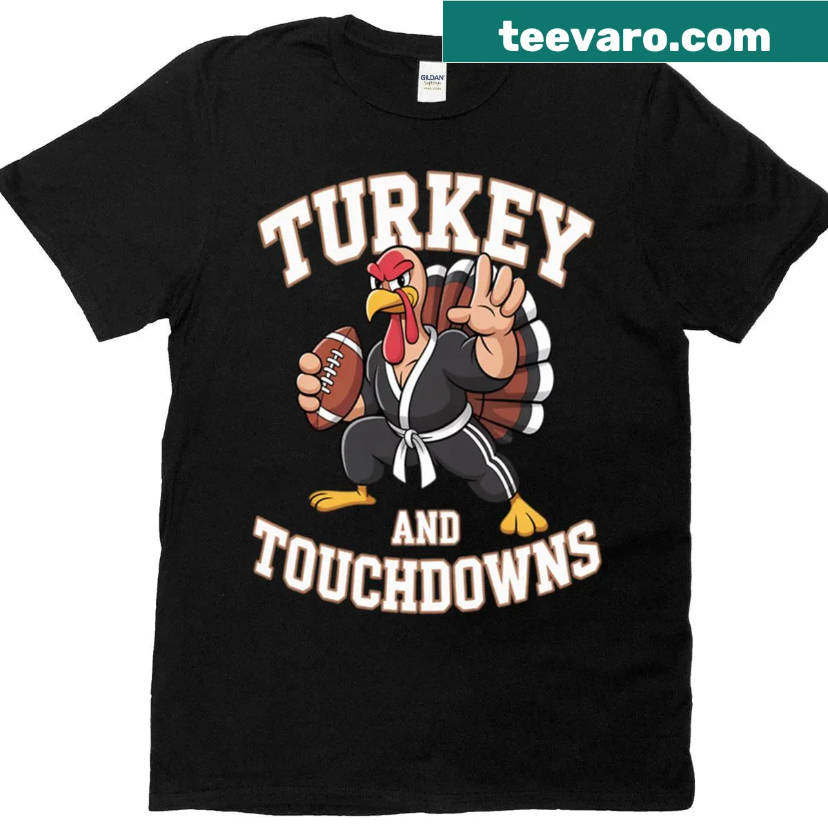 Thanksgiving t-shirt with turkey and football design — on a men's t-shirt