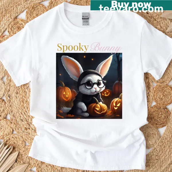 Whimsical Halloween T-shirt with a bunny in a haunt design
