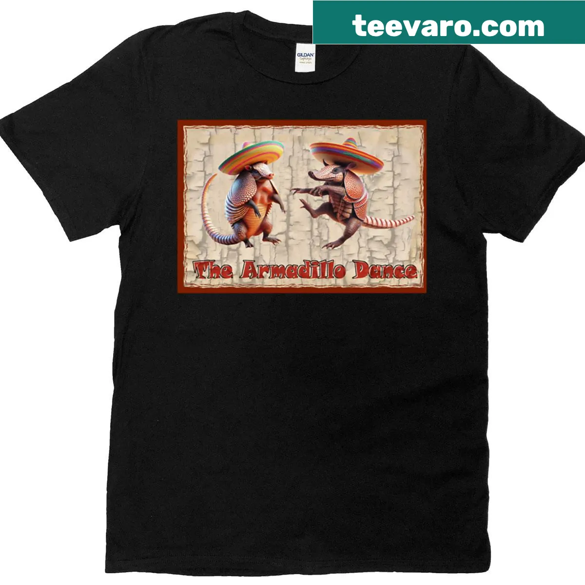 Cartoon dancing armadillo graphic on a T-shirt — on a men's t-shirt
