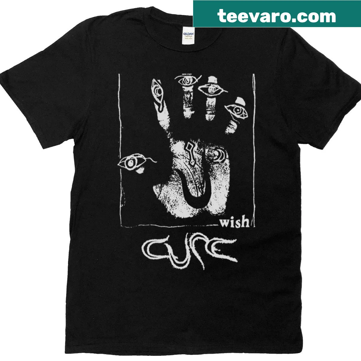 Minimalist T-shirt featuring a hand symbol associated with The Cure. — on a men's t-shirt