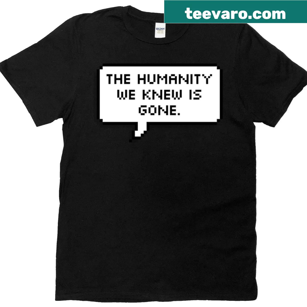 Pixel speech bubble design reflecting on humanity's changes — on a men's t-shirt