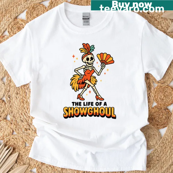 Playful skeleton showgirl Halloween design on a T-shirt.