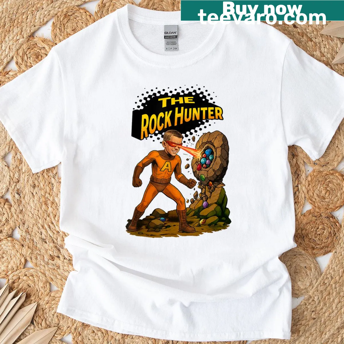 Cartoon graphic T-shirt of The Rock Hunter geology superhero — on a men's t-shirt