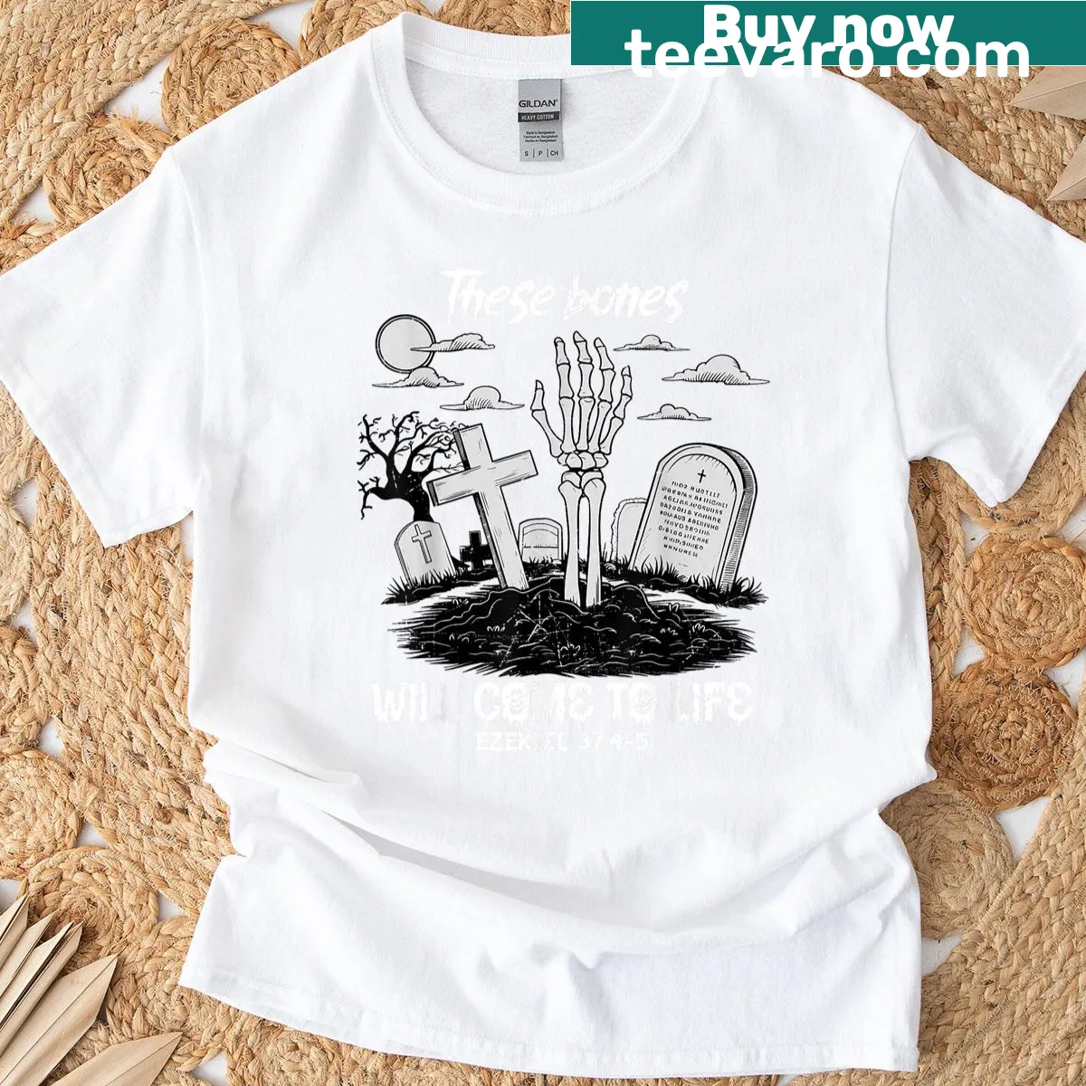 Skeleton design with Christian themes for Halloween T-shirt. — on a men's t-shirt
