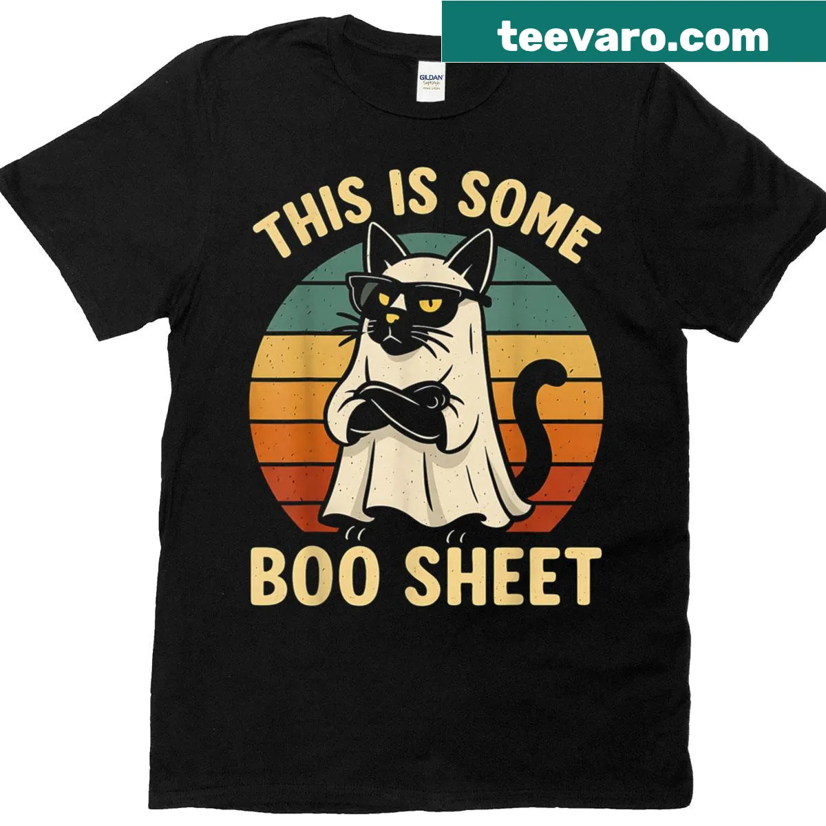 Halloween t-shirt with ghost and black cat illustration and text — on a men's t-shirt
