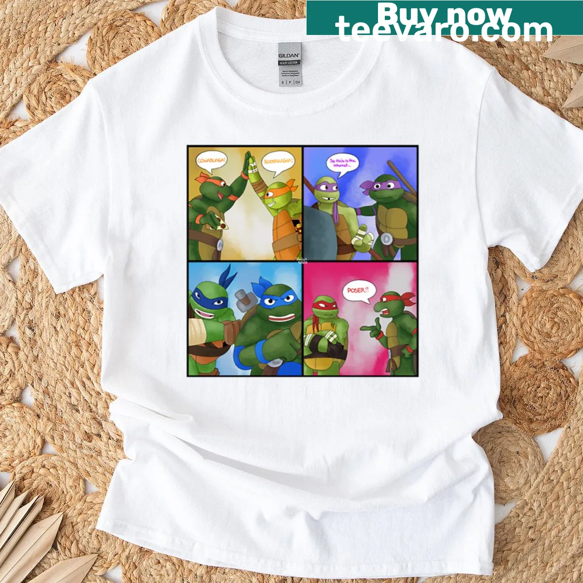 Crossover graphic T-shirt featuring characters from Tmnt 1987 and 2012 — on a men's t-shirt