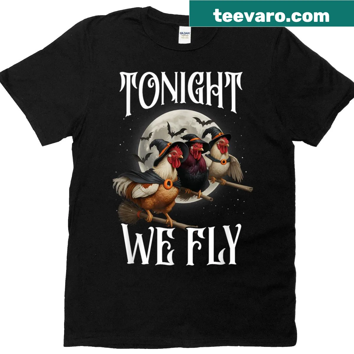 Funny farmer Halloween t-shirt with a chicken witch and the text 'Tonight We Fly' — on a men's t-shirt