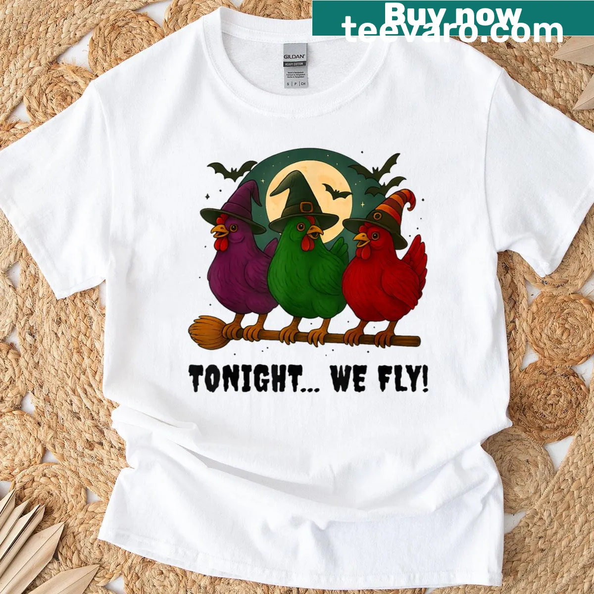 Funny Halloween tee with cartoon chickens flying as witches — on a men's t-shirt