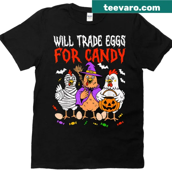 Funny Halloween t-shirt featuring a cartoon chicken trading eggs for candy