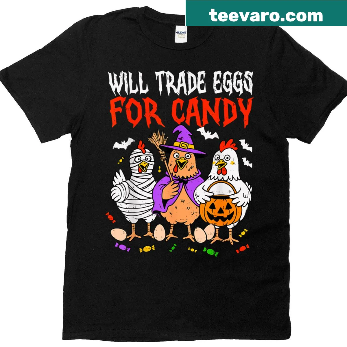 Funny Halloween t-shirt featuring a cartoon chicken trading eggs for candy — on a men's t-shirt