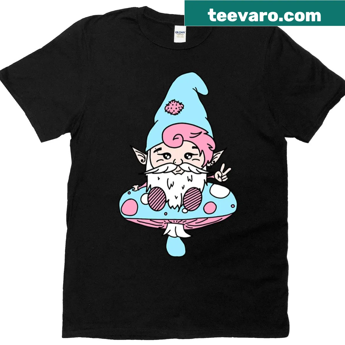 Whimsical gnome on mushroom T-shirt design — on a men's t-shirt
