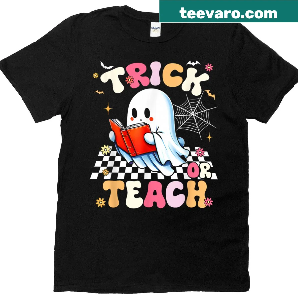Retro Halloween teacher t-shirt with floral ghost and quirky text — on a men's t-shirt