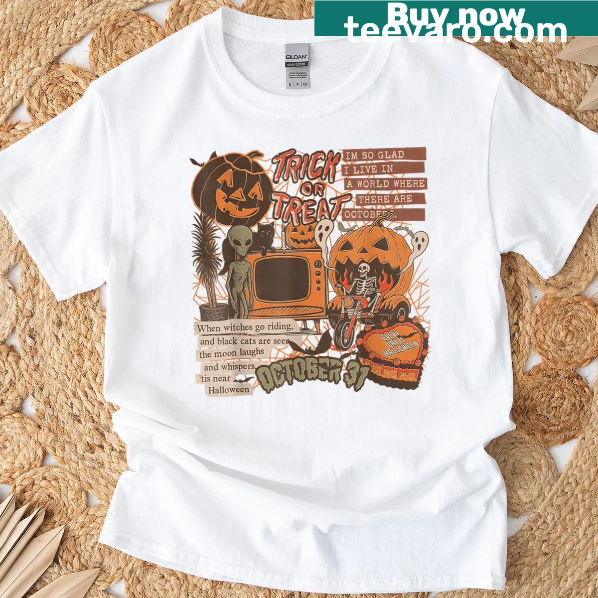Halloween design with skeletons, aliens, and pumpkins — on a men's t-shirt