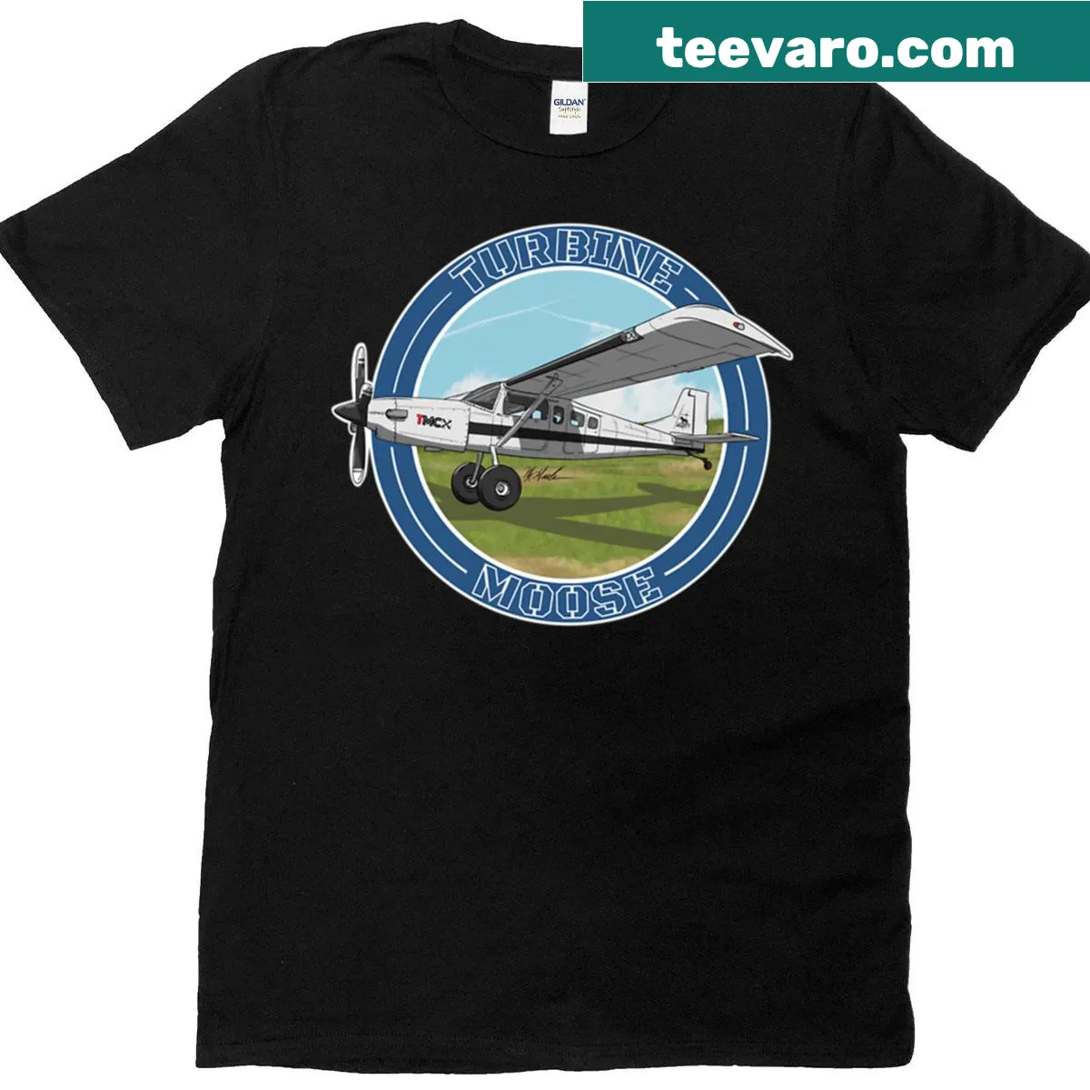 Illustration of a moose with a turbine aircraft on a playful T-shirt — on a men's t-shirt