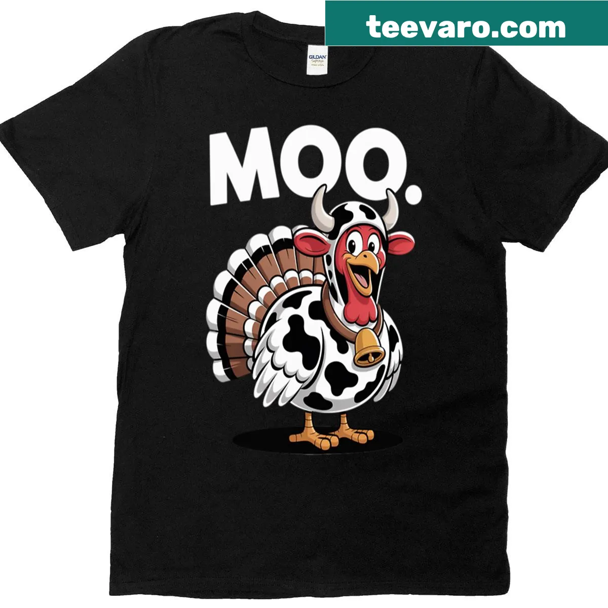 Funny Thanksgiving t-shirt with cartoon cow and turkey — on a men's t-shirt