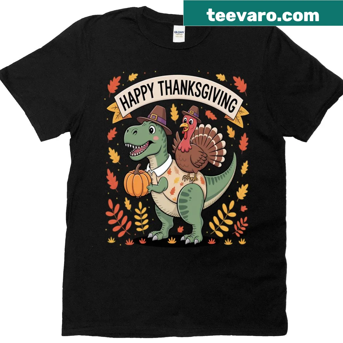 Whimsical turkey riding T-Rex design for kids Thanksgiving T-shirt — on a men's t-shirt