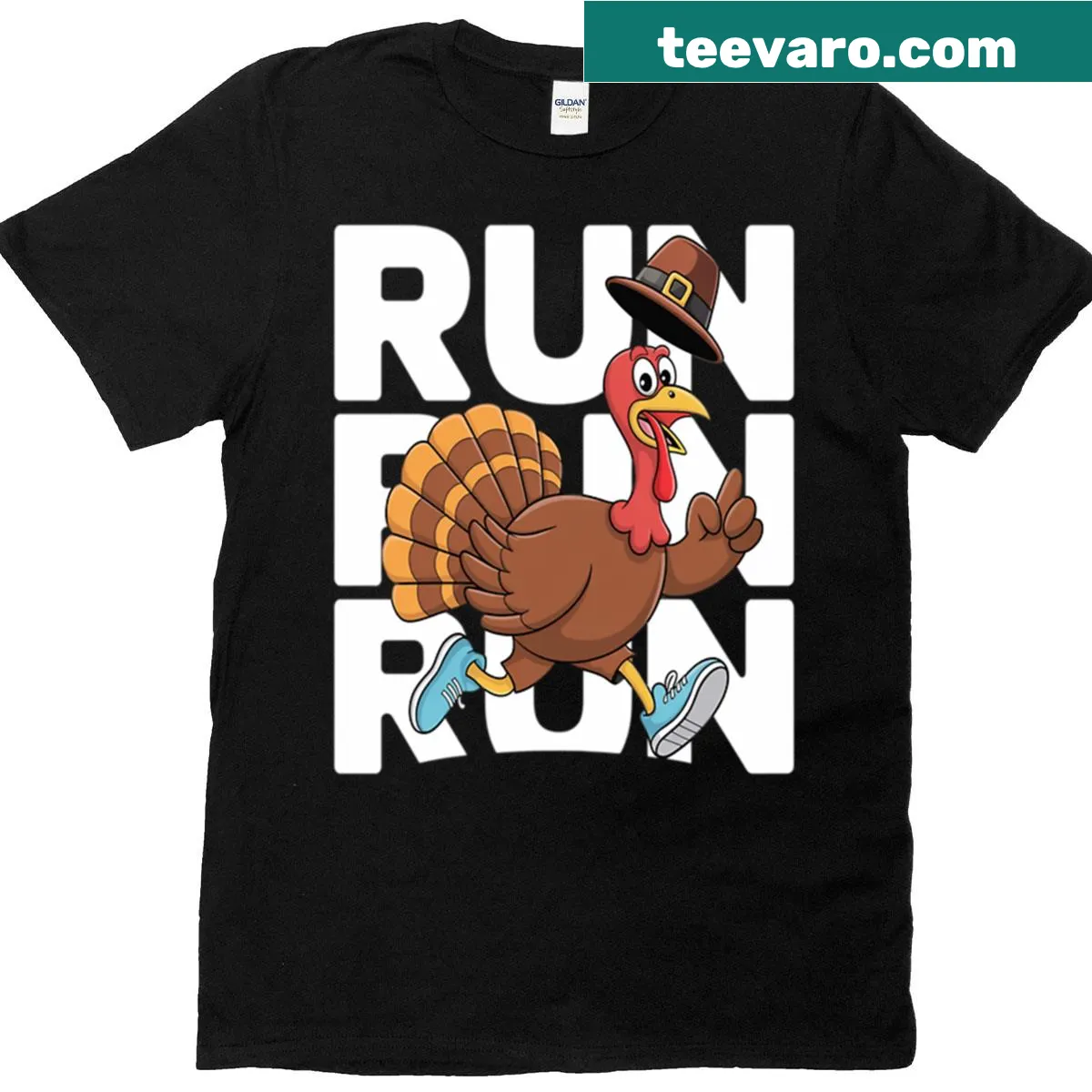 Running turkey graphic t-shirt for Thanksgiving turkey trot — on a men's t-shirt