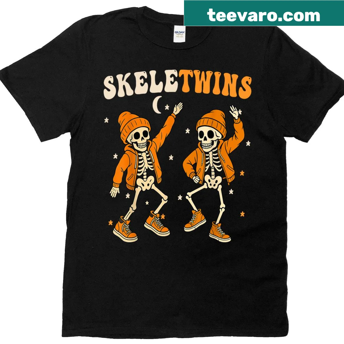 Matching Halloween T-shirts with dancing skeletons for twins. — on a men's t-shirt
