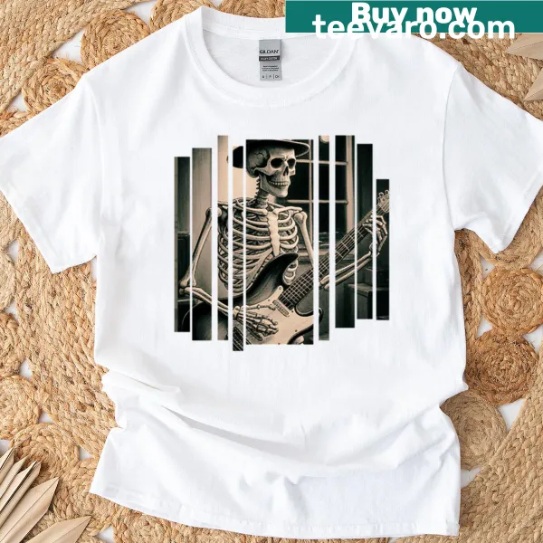 Undead musician graphic T-shirt featuring an undead figure shredding guitar