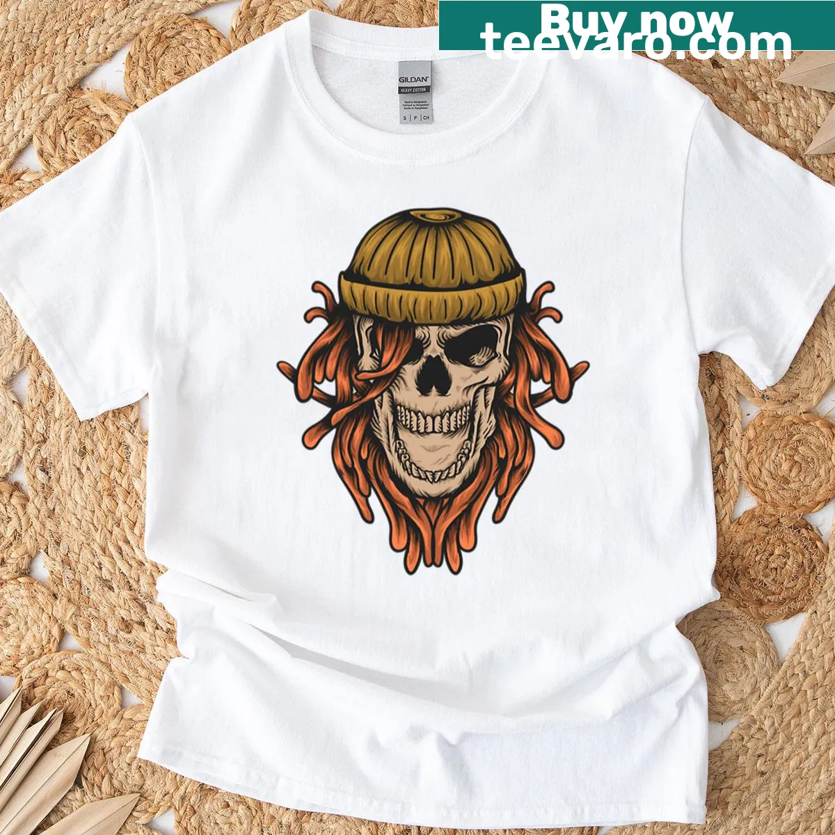 Cartoon demon skulls wearing hats on Halloween T-shirt — on a men's t-shirt