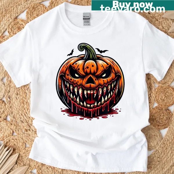 Vampire pumpkin face T-shirt with scary features for Halloween