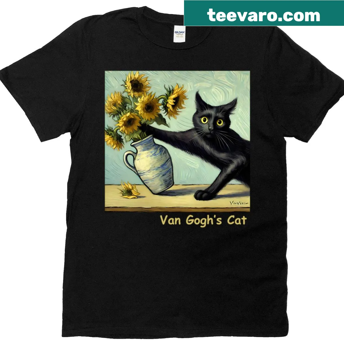 T-shirt featuring a cat in the style of Van Gogh — on a men's t-shirt