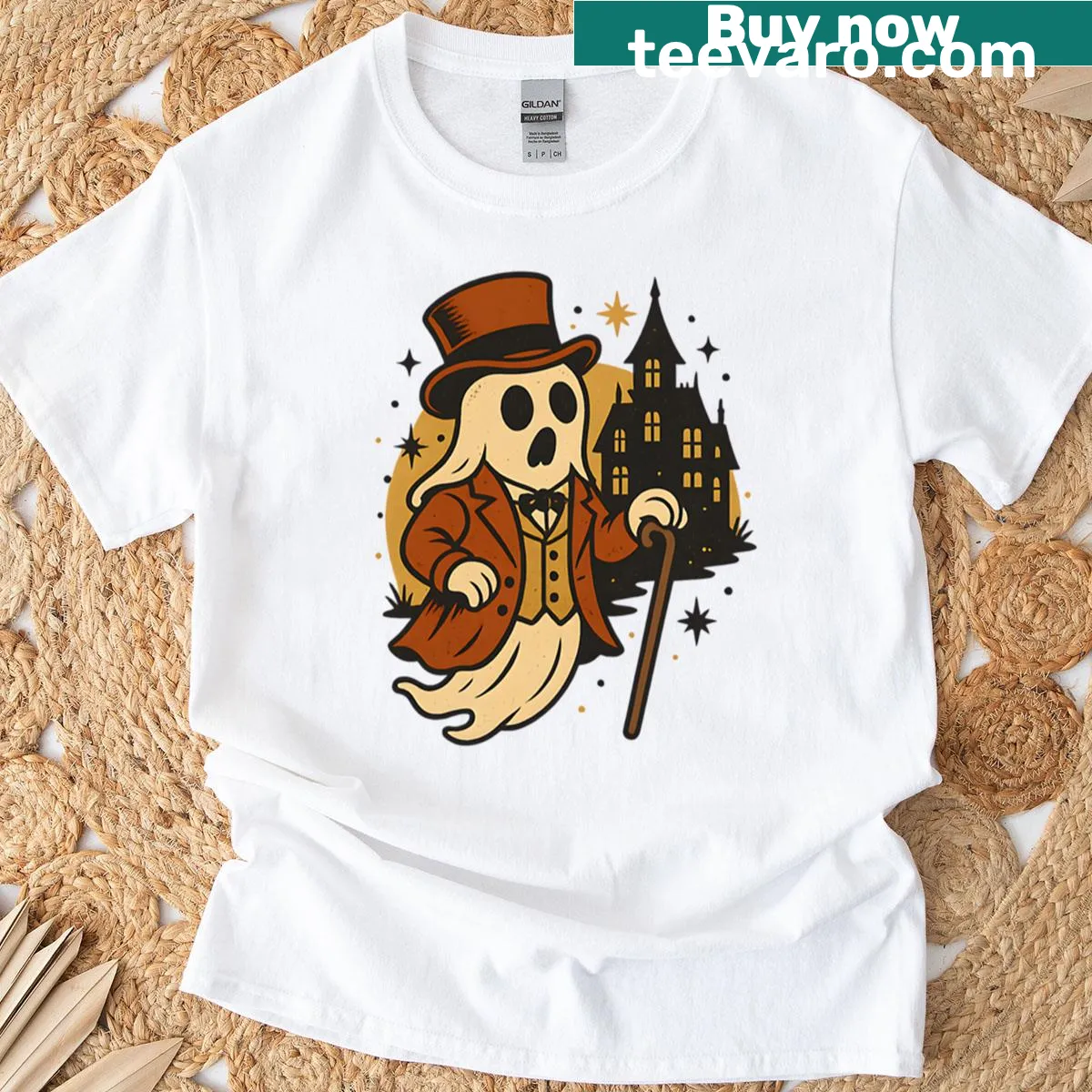 Illustration of a Victorian ghost gentleman in a haunted house design — on a men's t-shirt
