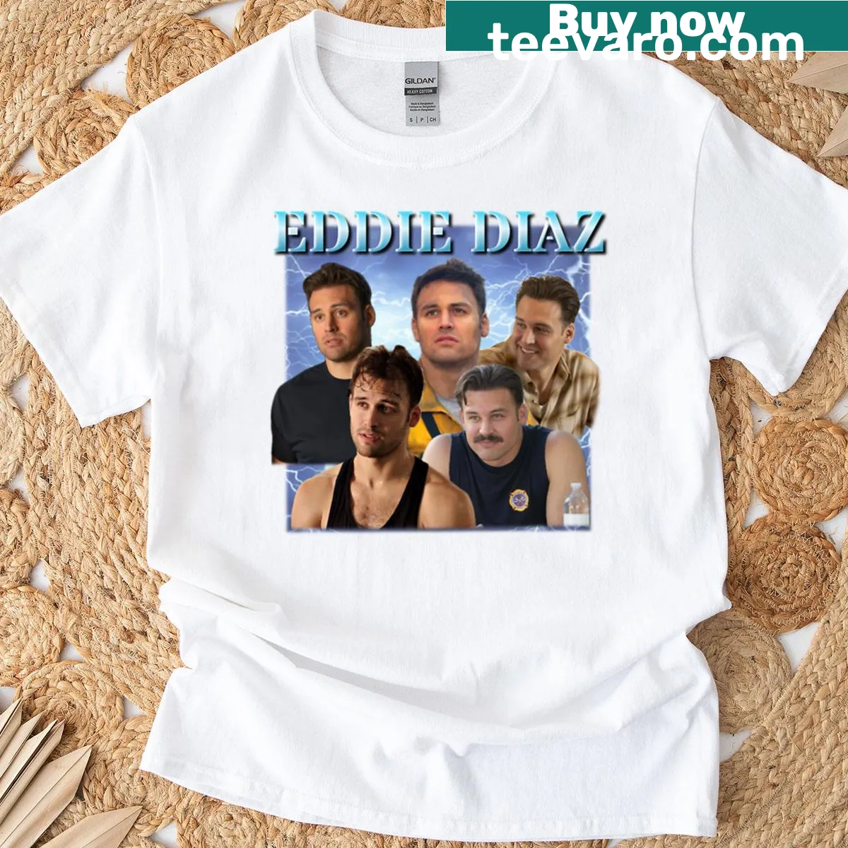 90s graphic design t-shirt featuring Eddie Diaz artwork — on a men's t-shirt
