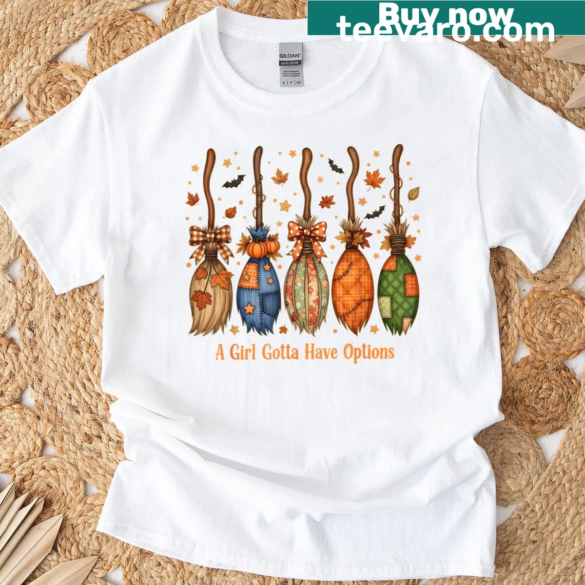 Halloween-themed T-shirt with playful witches and text — on a men's t-shirt