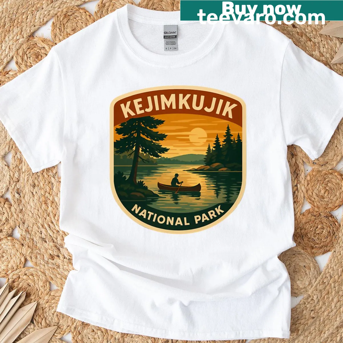 Distressed vintage print of Kejimkujik National Park on a t-shirt — on a men's t-shirt