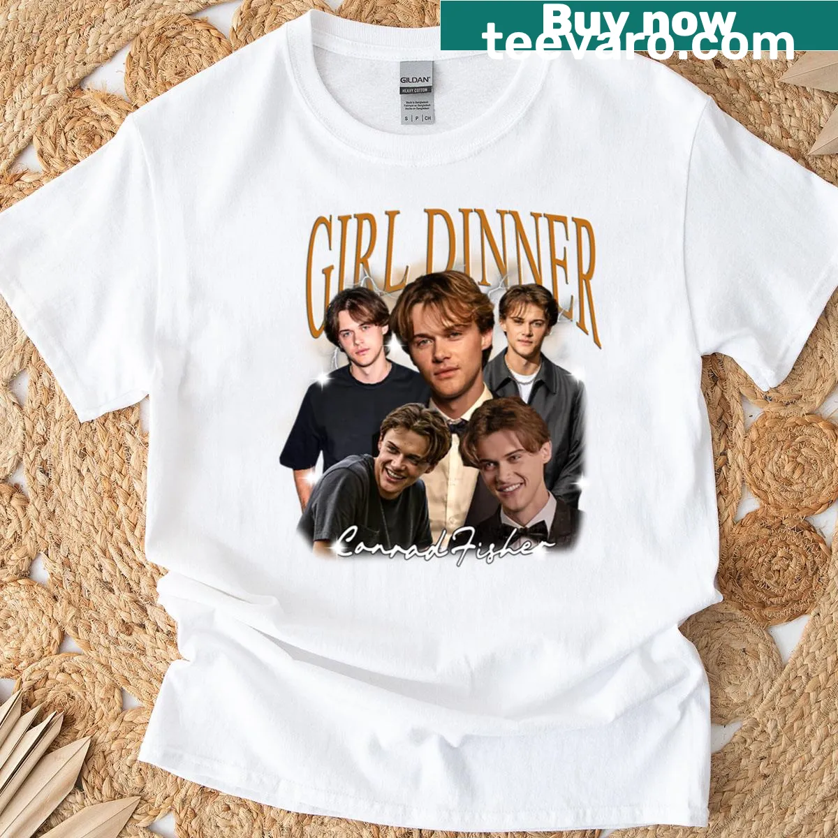 Vintage t-shirt with 'Conrad Fisher Girls Dinner' text — on a men's t-shirt