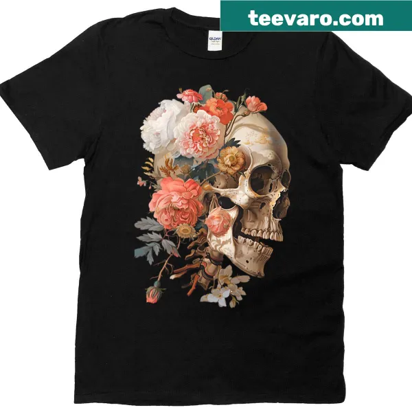 Vintage-style T-shirt featuring a floral skeleton design