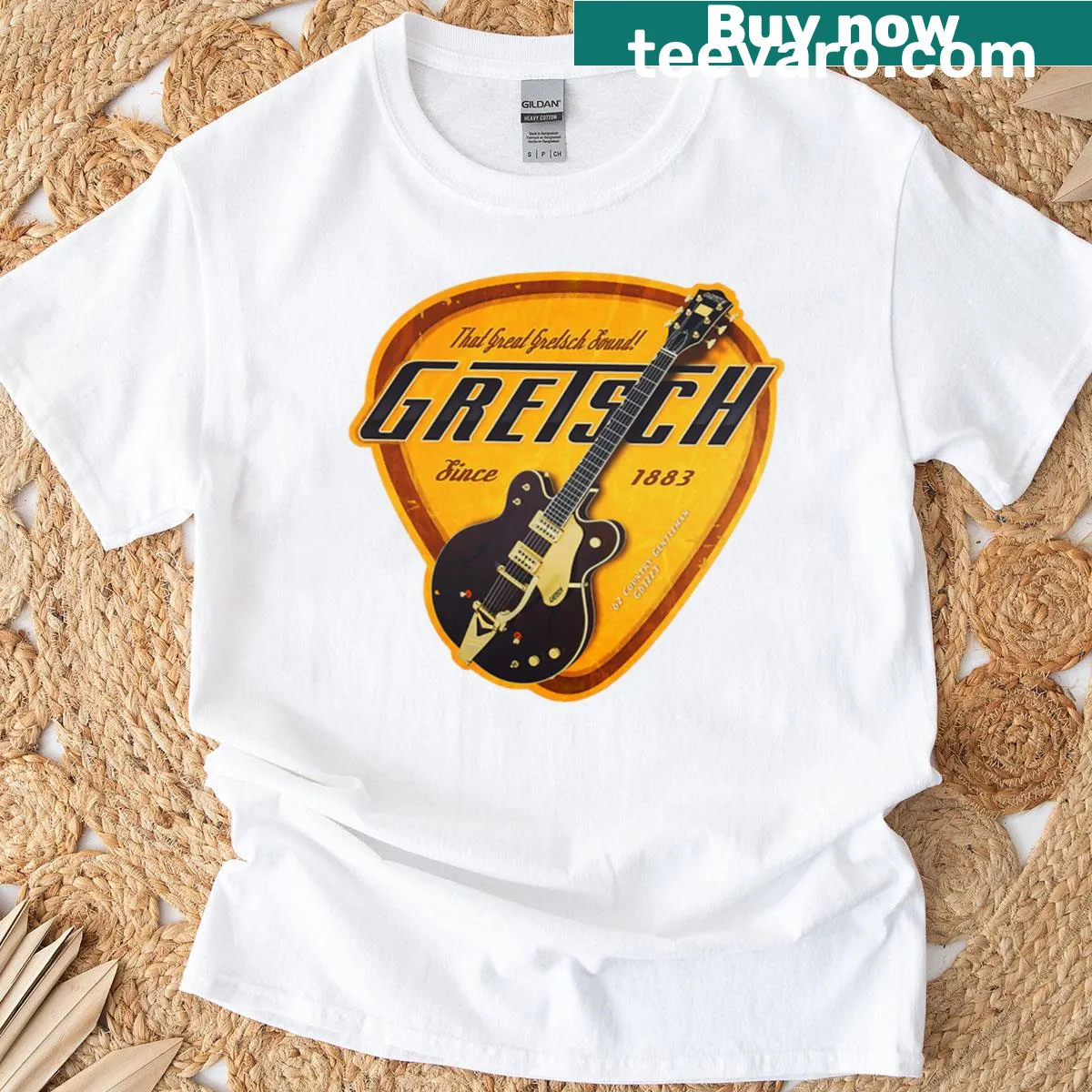 Vintage Gretsch guitar pick design on a distressed T-shirt — on a men's t-shirt