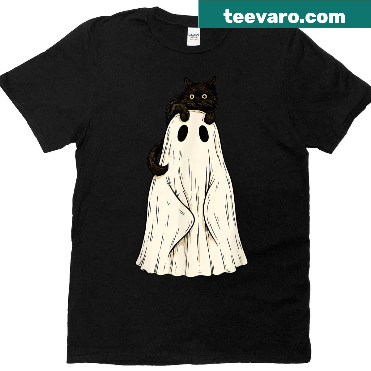 Retro Halloween ghost and black cat T-shirt design — on a men's t-shirt