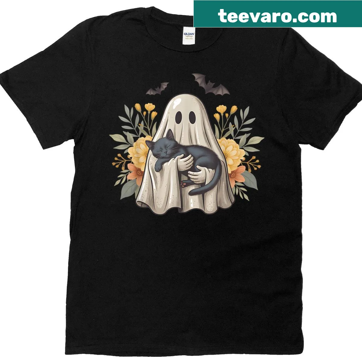 Vintage Halloween shirt with ghost and black cat illustration — on a men's t-shirt