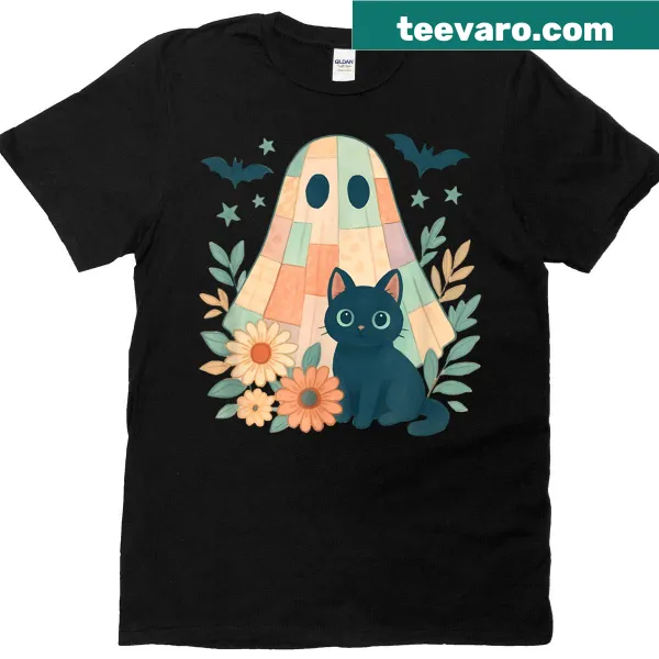 Vintage Halloween t-shirt with ghost and black cat graphic