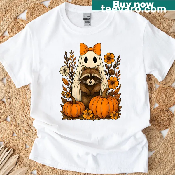 Vintage Halloween T-shirt with a ghost holding a raccoon and floral designs