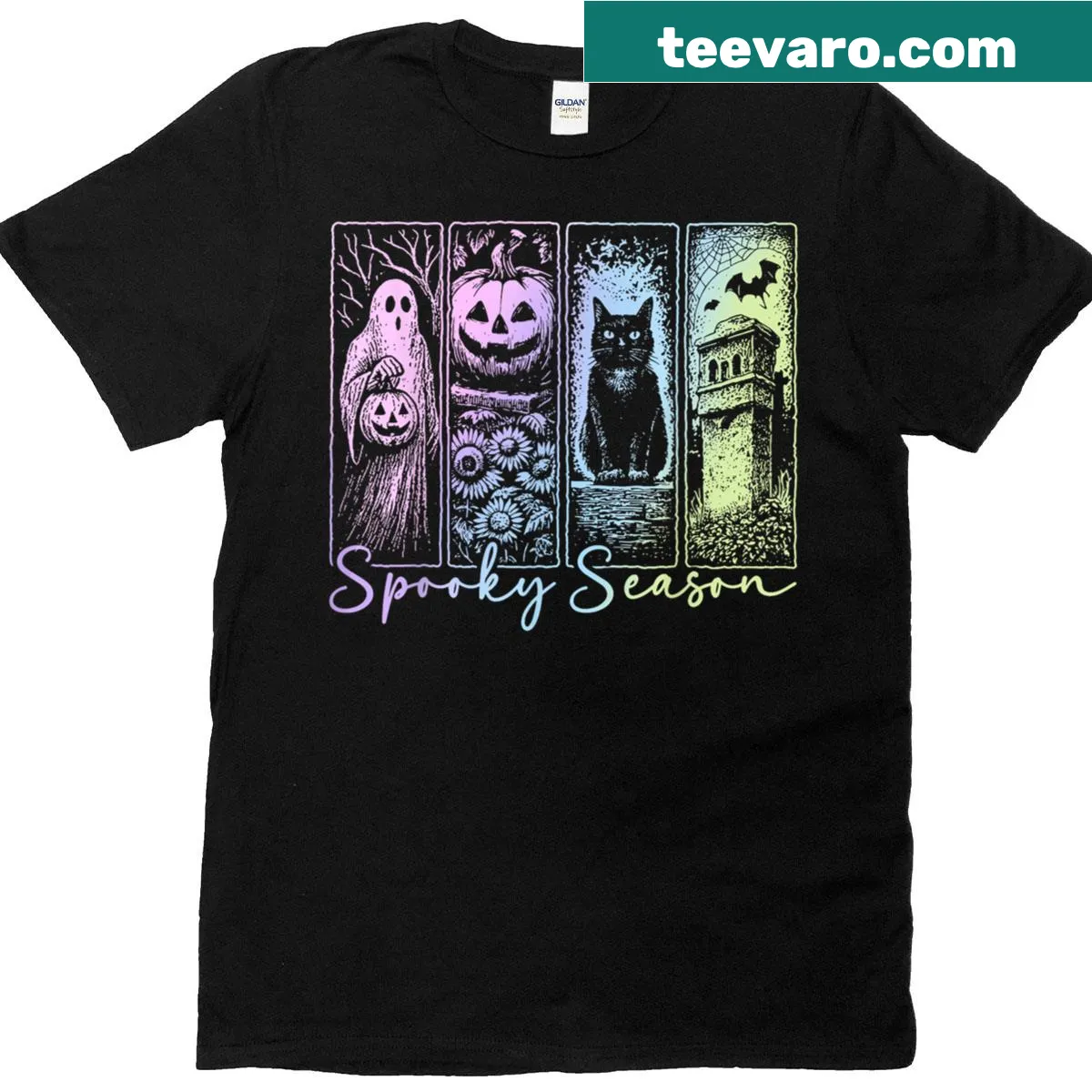 Cat with ghost and pumpkin illustration for Halloween on T-shirt — on a men's t-shirt