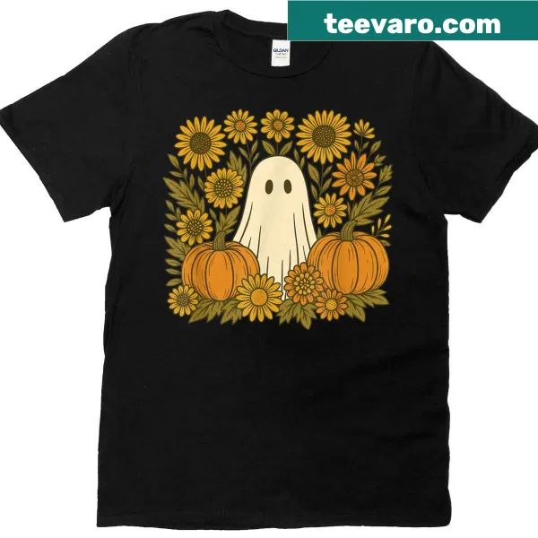 Vintage style Halloween t-shirt with a ghost, flowers, and pumpkins