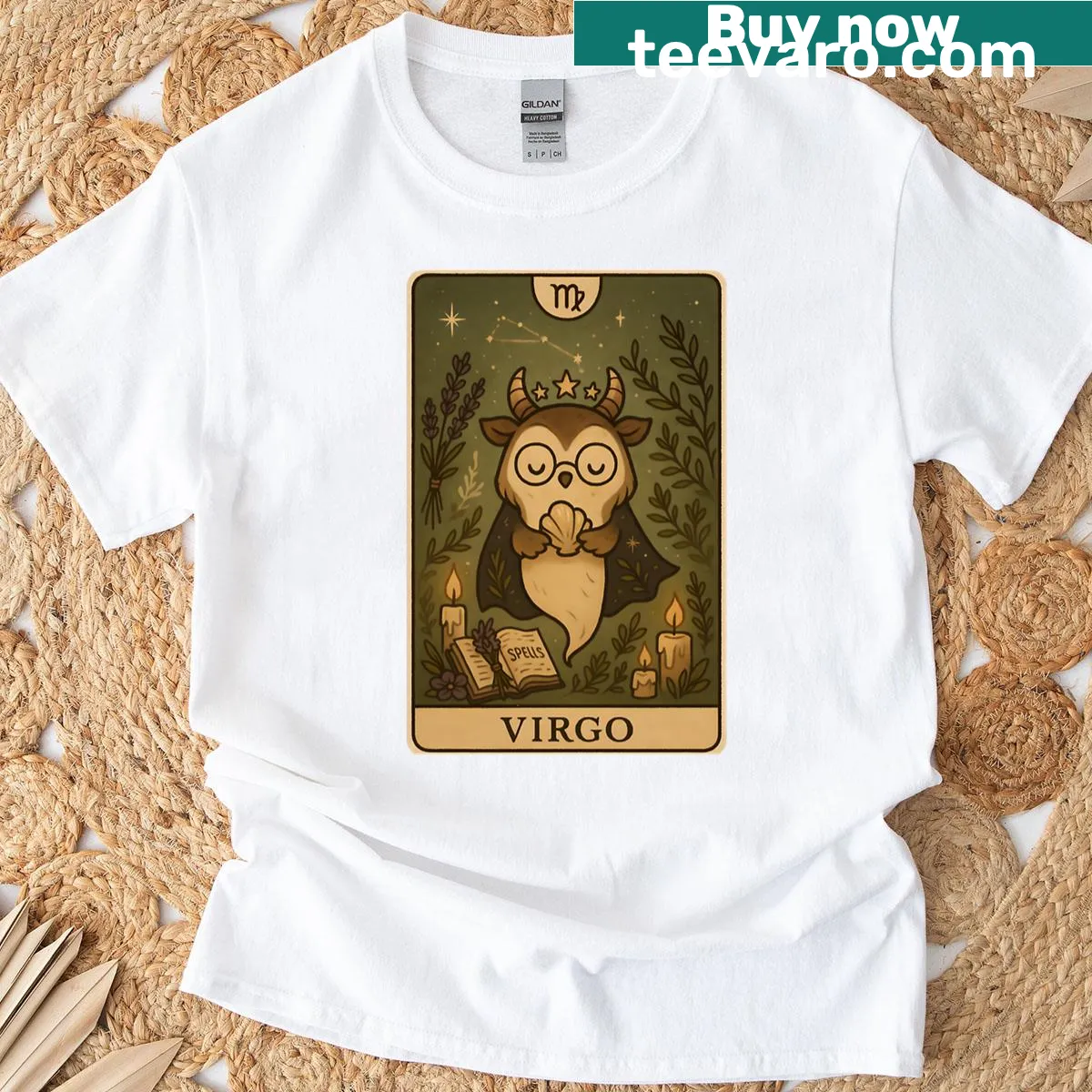Cozy illustration of a Virgo tarot card with an owl and mystic elements — on a men's t-shirt